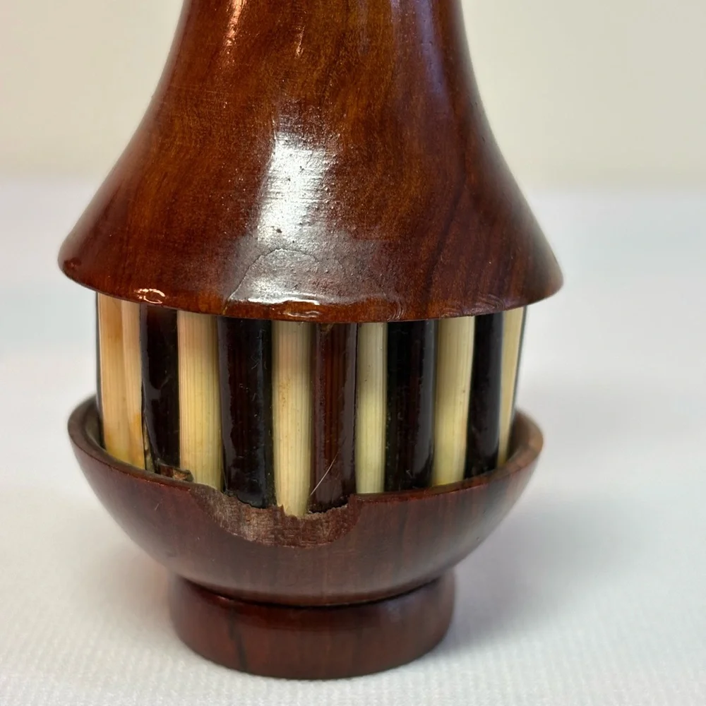 Vintage African Olive Wood and Porcupine Quill Salt Pepper Toothpick Set MCM